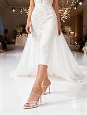 preiswerte Brautjungfer-Rosa Damen-Stilettos mit Spitze – elegante offene Pantoletten mit Strassriemen, romantisch-festlicher Stil, perfekt für Brautjungfern bei Hochzeiten