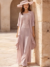 voordelige Broekpakken van mama-Broek 3-delig pak Tot de grond Moeder van de bruid jurk Mouwloos Ronde hals Elegant Grote maten Formeel Bruiloft gast Chiffon Kant met Appliqués