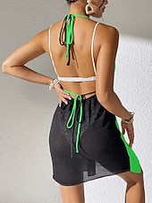 preiswerte Strandkleider-Damen Cover Up Badeanzug Kleid Patchwork Urlaubs Strandbekleidung Uni-Farbe V-Hals Ärmellose Badeanzüge