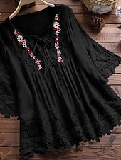 Χαμηλού Κόστους Απλές μπλούζες-Γυναικεία Πουκάμισο Popover Casual πουκάμισο Μπλούζα Σουρωτά Δαντέλα Κουρελού Σκέτο Κομψό Μοντέρνα Κομψό στυλ street 3/4 Μήκος Μανικιού Στρογγυλή Ψηλή Λαιμόκοψη Λαιμόδεση Κανονικά μπλουζάκια