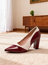 halpa Avokkaat paksulla korolla-naisten kaksiväriset lakatut tekonahkaiset lohkokorkoiset avokkaat – teräväkärkiset työkengät toimistoon, business casual -käyttöön ja arkikäyttöön