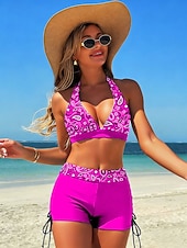 tanie Zestawy bikini-Dwuczęściowy strój kąpielowy dla kobiet bikini z wysokim stanem bez pleców wakacyjna odzież plażowa grafika paisley dekolt w kształcie litery V bez rękawów