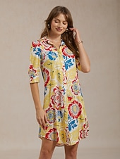 baratos Vacation Dresses-Vacation Satin Yellow Floral Print Shirt Mini Dress