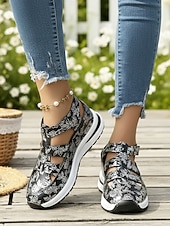 billiga Sport Sandaler-Svartvita blommiga sportsandaler för kvinnor – ihåliga promenadskor med sluten tå och kilformad sula för sommarresor och utomhusaktiviteter