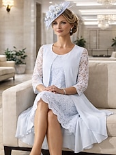  Linha A Até os Joelhos Vestido de convidada de casamento Vestido Para Mãe dos Noivos Manga Longa Decorado com Bijuteria Elegante Tamanhos Grandes Convidado do casamento Chiffon Renda com Renda