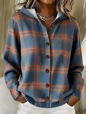  Damen Strickjacke Lässig Geometrisch Kariert V Ausschnitt Mit Kapuze Druck Langarm Normale Oberteile Stricken Täglich Ferien Blau Frühling Herbst