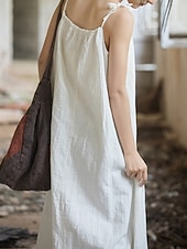 cheap Premium Linen Collection-Women's Midi Dress Cotton Linen Dresses Shift Dress Sundress Slip Dress Vintage Fashion Daily Outdoor Vacation Loose Fit Plain Sleeveless Straps Blue Teal White Yellow Summer Spring