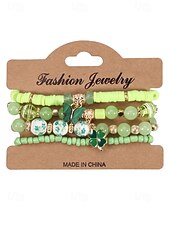 baratos Acessórios-Conjunto de pulseiras femininas para o Dia de São Patrício, pulseiras empilháveis de várias voltas com contas verdes, estilo trevo da sorte, materiais de liga metálica e cristais sintéticos, joias festivas irlandesas para mulheres.