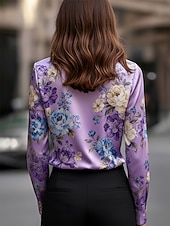 ieftine Bluze elegante-Pentru femei Cămașă Elegant Top din satin Bluze din Mătase  Imprimeu Decorat Floral Grafic Elegant Stilat Casual Manșon Lung Glugă Gât Topuri obișnuite Zilnic Muncă Concediu Negru Alb Mov Primăvar