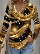 abordables Camiseta a rayas y geométrica-Mujer Camiseta Estampado Floral Graphic Plantas Vintage Moda Elegante Manga Larga Escote en Pico Tops regulares Diario Negro Morado Dorado Primavera Otoño Invierno