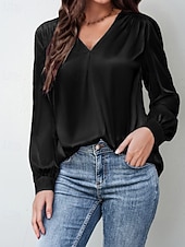 cheap Dressy Blouses-Women's Shirt Elegant Satin Top Blouse Ruched Plain Vintage Stylish Long Sleeve V Neck Regular Tops Holiday Going out Black White Wine Apricot Summer Spring