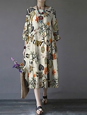 abordables Robes-Femmes Robe maxi Coton mélangé Robe fourreau Robe Décontractée Basique Occasionnel Quotidien Vacances Coupe régulière Fleuri manche longue Col ras du cou Magenta bleu marine Orange Été