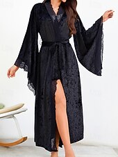 cheap Women's Onesies-Women's Robe Casual Soft Satin Pure Color Lace Patchwork Daily Home Bed Long Sleeve V Neck Black White Wine Summer Spring Loose Fit
