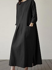 abordables Vestidos-Mujer Vestido Midi Lino de algodón sintético Vestido de cambio Vestido informal Elegante Moda Moderno Diario Vacaciones Noche Ajuste regular Plano Manga Larga Cuello Barco Negro Verde Ejército