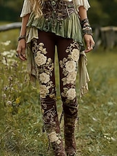 economico -Per donna Leggings Leggings comodi Vacanza Vintage Casual Lunghezza intera Vita Alta Floreale Grafico Stampa Comodità Confortevole Alta elasticità Casuale Quotidiano Vacanza Marrone scuro Marrone