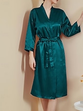 abordables Combinaisons pour femmes-Femmes Robe Occasionnel Doux Satin Couleur Unie Quotidien Maison Lit manche longue Col en V Noir Blanche Vert Claire Rose Claire bleu marine Été Printemps Coupe régulière