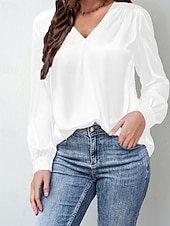 cheap Dressy Blouses-Women's Shirt Elegant Satin Top Blouse Ruched Plain Vintage Stylish Long Sleeve V Neck Regular Tops Holiday Going out Black White Wine Apricot Summer Spring