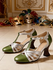 economico Scarpe da donna-Tacchi T-Strap vintage verdi e argento da donna per il Mardi Gras – Perfetti per balli in maschera eventi festivi e feste a tema
