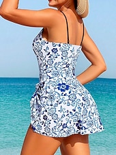 billiga One-piece-baddräkter-Kvinnors En Delad Baddräkt Med Kjol Monokini Hög Skärning Tummy Control Höga Midja Slim Bar Ryggen Semester Vintage Blommig Grafisk U-Hals Utan Ärmar Baddräkter