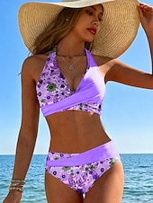 preiswerte Bikini-Sets-Damen Bikini 2-teiliges Badeanzug Raffung Cheeky Urlaub Fashion Blumen Grafik V-Ausschnitt Ärmelloses Badeanzüge