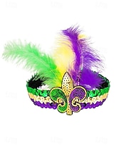 levne Příslušenství-Dámská souprava masky a čelenky na karneval Mardi Gras z polyesteru s flitry – živé barvy s peřím ideální pro karneval a maškarní večírky