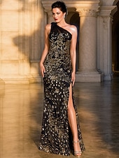 cheap Sheath Evening Dresses-A-Line Sheath Column Floor Length Prom Dress Party Dress Cocktail Dress Mother of the Bride Dress Sleeveless One Shoulder Elegant Vintage Luxurious Formal Evening Sequined with Beading