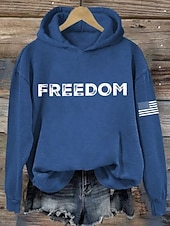 economico Magliette Giorno dell’Indipendenza-Felpa con cappuccio patriottica per donne del Giorno dell'Indipendenza grafica lettera casual maniche lunghe colletto con cappuccio top regolari abbigliamento quotidiano sport blu nero bianco rosso