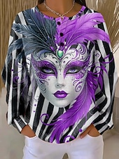 cheap Women's Carnival-Carnival Women's Pullover Sweatshirt Graphic Striped Abstract Warm Classic Casual Long Sleeve Crew Neck Regular Tops Casual Street Dailywear Buttons Print Blue Yellow Pink Purple Green Spring