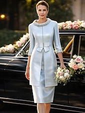 abordables Conjuntos de vestidos para mamá-Dos Piezas Funda Columna Hasta la Rodilla Vestido Invitada Boda Vestido de Madrina Correas Joya Elegante Invitado a la boda Fiesta de Boda Iglesia Satén Vestidos de chaqueta con Cinta / Lazo Lazo(s