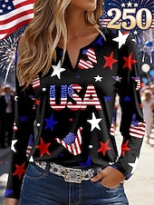 Dia da Independência Aniversário Americano Patriótico Camiseta Feminina Estampa Gráfica Bandeira Vintage Estilosa Moderna Manga Longa Gola Notched Tops Regulares Impressão Diária Fim de Semana Azul