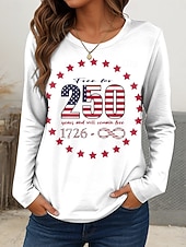  Dia da Independência Aniversário Americano Camiseta Patriótica Feminina Gráfica Bandeira Estilosa Casual Manga Longa Gola Redonda Tops Regulares Diário Impressão Branco Caqui Primavera Outono