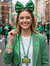  Dámská sada zelených flitrových doplňků ke Dni svatého Patrika – obsahuje čelenku s mašlí, náušnice, kravatu, náramky a další doplňky pro slavnostní oslavy