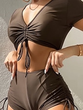 abordables Ensemble de bikinis-Femmes Maillots de Bain 2 pièces Shorts Maillot de bain Cordon de serrage Vacances Tenues de plage Couleur Unie Col en V Manches courtes Maillots de bain