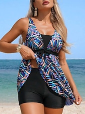 رخيصةأون مايوهات تانكيني-تانكيني نسائي من قطعتين مع تنورة بنمط النخيل بدون ظهر لعطلة الشاطئ بنقشة استوائية ريشة بدون أكمام