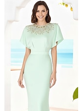 economico Abiti da sera a tubino-Sheath Column Floor Length Evening Gown Elegant Short Sleeve Crew Neck Wedding Formal Satin with Crystals Beading