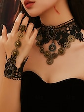 お買い得  アクセサリー-ウィメンズ マルディグラ ブラック レース スチームパンク チョーカーネックレスとブレスレットセット - ゴシックコスプレ、カーニバル、ハロウィンコスチューム用の合金ギアと時計ペンダント