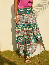  saténové kalhoty s geometrickým květinovým potiskem a širokými nohavicemi pro volný čas