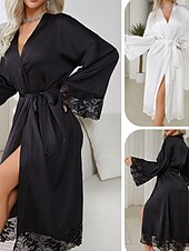abordables Combinaisons pour femmes-Femmes Robe Occasionnel Doux Satin Couleur Unie Dentelle Quotidien Maison Lit manche longue Col en V Noir Blanche Été Coupe régulière