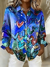cheap Valentine's Day Tops-Women's Shirt Heart Graphic Vintage Stylish Modern Long Sleeve Shirt Collar Regular Tops Daily Holiday Blue Yellow Purple Green Spring Winter