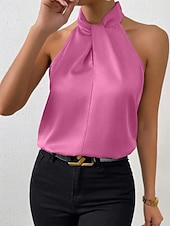 preiswerte Schicke Blusen-Damen Hemd Elegant Satin-Top Seidenhemd Rückenfrei Einfach Elegant Stilvoll Ärmellos Neckholder Normale Oberteile Ferien Ausgehen Schwarz Weiß Kamel Purpur Braun Sommer Frühling