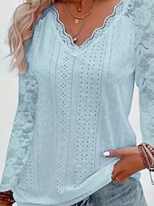 baratos Tops de Renda-Mulheres Blusa Tops de renda Renda Patchwork Tecido Ativo à moda Manga Longa Decote V Tops regulares Diário Feriado Para Noite Branco Rosa Vinho Azul Claro Verão Primavera