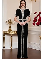 ieftine Rochii de seară tip sheath-Coloană Teacă Lungime Podea Rochie formala Rochie de seara Rochii de seara Elegant Epocă Rochie Neagră Mică Manșon scurt Stil Nautic Nuntă Oficial Polyester cu Detalii Cristal Mărgele