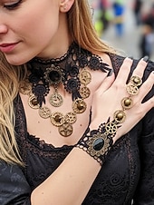 お買い得  アクセサリー-ウィメンズ マルディグラ ブラック レース スチームパンク チョーカーネックレスとブレスレットセット - ゴシックコスプレ、カーニバル、ハロウィンコスチューム用の合金ギアと時計ペンダント