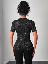 ieftine tricou simplu-Pentru femei Tricou Paiete Plasă Modă fierbinte Sexy Manșon scurt Stil Nautic Rotund Topuri obișnuite Ieșire Sfârșit de săptămână Ținute de petrecere Negru Vară Primăvară