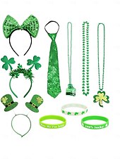  Dámská sada zelených flitrových doplňků ke Dni svatého Patrika – obsahuje čelenku s mašlí, náušnice, kravatu, náramky a další doplňky pro slavnostní oslavy