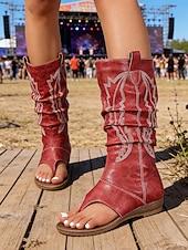 preiswerte Cowboy &amp; Western Stiefel-Rote Boho-Western-Stiefeletten für Damen mit offener Zehenpartie und Stickereien – perfekt für Musikfestivals und legere Outdoor-Veranstaltungen