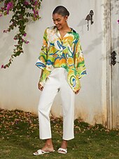 Недорогие рубашки, топы и блузки-короткая шифоновая рубашка с цветочным принтом и рукавами-летучками в стиле каникулярного зеленого цвета с асимметричным кроем