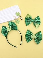  Dámská sada vlasových doplňků ke Dni svatého Patrika (4 ks) - zelená flitrovaná čelenka s trojlístkovou mašlí &sponky do vlasů, slavnostní irské kostýmní doplňky na přehlídku, večírek &oslava svátků