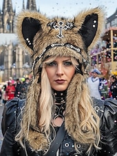 levne Příslušenství-Dámská punková kožišinová čepice s kočkou na Mardi Gras v několika barvách trendy design s křížovými detaily perfektní pro karneval a maškarní plesy