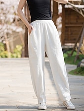 preiswerte Unterteile-Damen Hose aus Baumwollleinen Chinos Sommerhose Lange Unterhosen Urlaub Streetwear Basic Volle Länge Mittlere Taillenlinie Einfach Tasche Elastischer Bund Bequem Komfort Unelastisch Täglich Outdoor